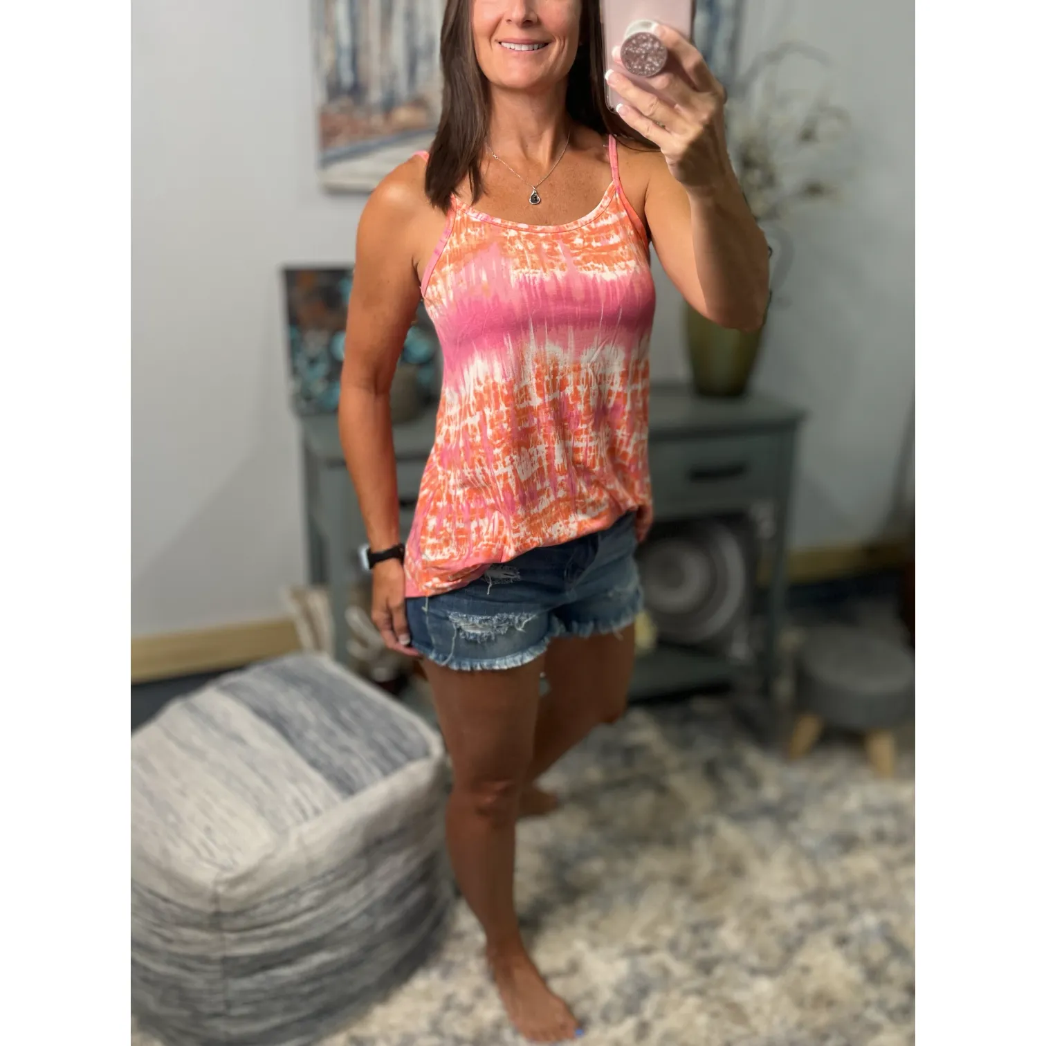 “Heat Wave” Reversible Tie Dye Low Scoop V Neck Tank Top Shirt Summer Retro 70s Coral Pink