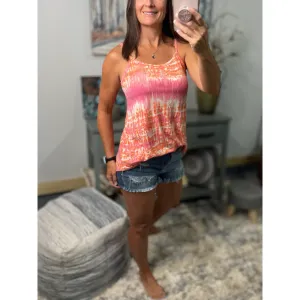 “Heat Wave” Reversible Tie Dye Low Scoop V Neck Tank Top Shirt Summer Retro 70s Coral Pink