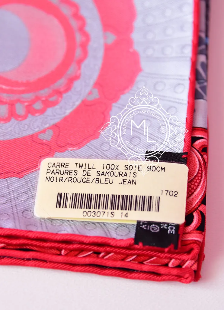 Hermes Black Red Twill Silk 90 cm Parures De Samourais Scarf