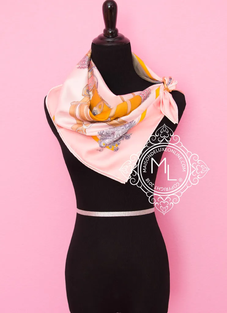 Hermes Pink Beige Twill Silk 90 cm Harnais de Cour Scarf