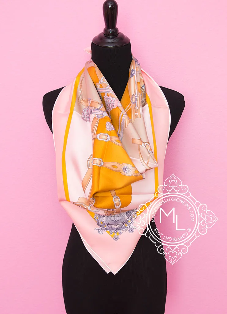 Hermes Pink Beige Twill Silk 90 cm Harnais de Cour Scarf