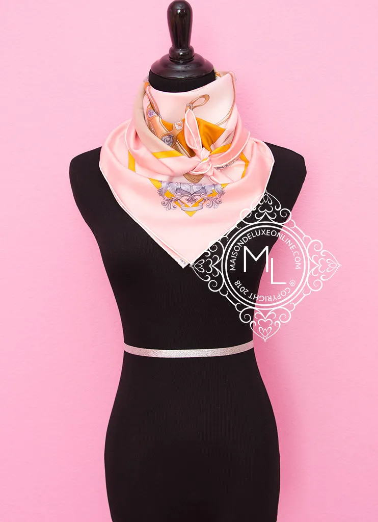 Hermes Pink Beige Twill Silk 90 cm Harnais de Cour Scarf