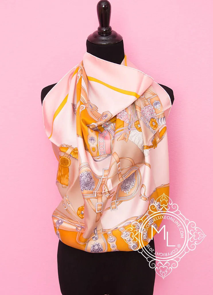 Hermes Pink Beige Twill Silk 90 cm Harnais de Cour Scarf