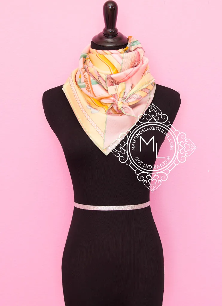 Hermes Pink Yellow Twill Silk 90 cm Cannes et Cannes Scarf