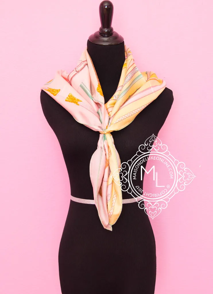 Hermes Pink Yellow Twill Silk 90 cm Cannes et Cannes Scarf