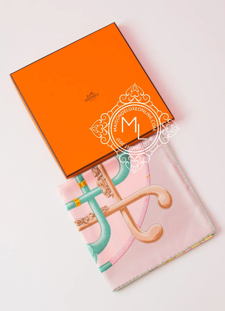 Hermes Pink Yellow Twill Silk 90 cm Cannes et Cannes Scarf