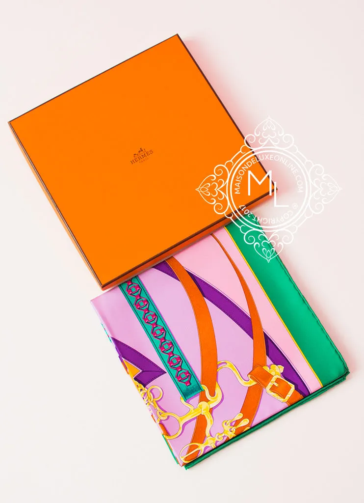 Hermes Purple Jaune Twill Silk 90 cm La Promenade du Matin Scarf