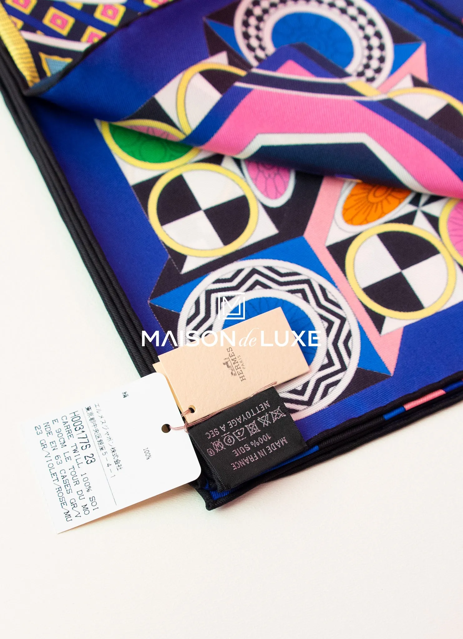 Hermes "Le Tour du Monde en 63 Cases" Violet Twill Silk 90 cm Scarf