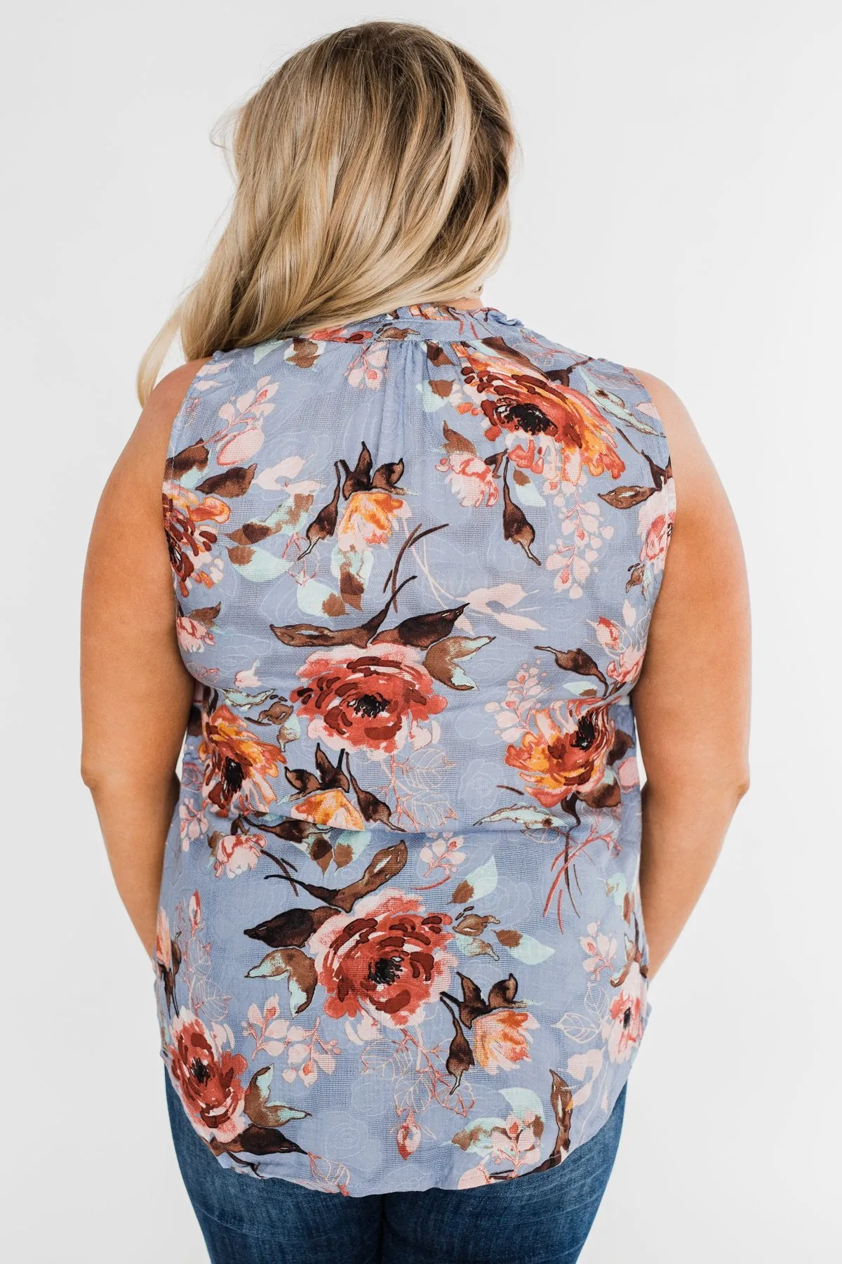 I'll Be There Floral Neck Tie Tank Top- Light Steel Blue
