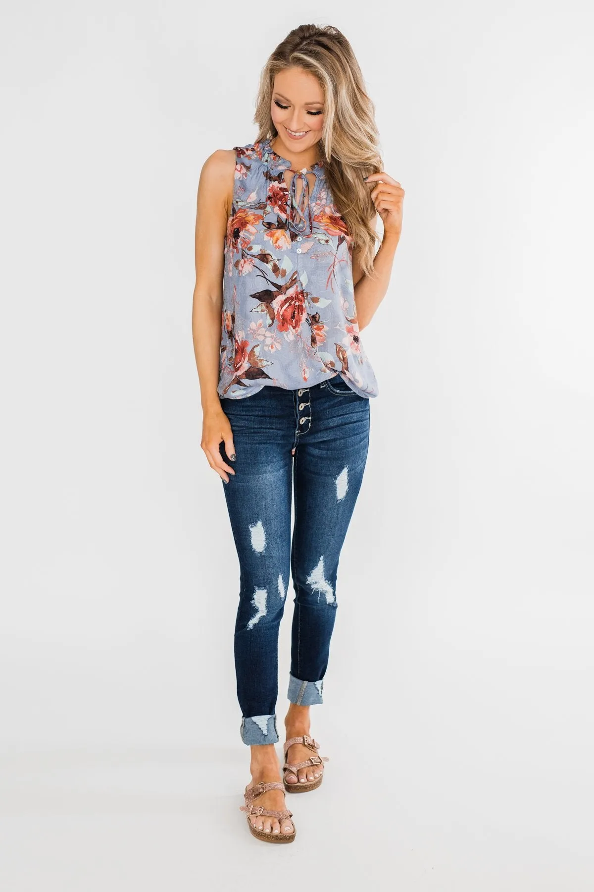 I'll Be There Floral Neck Tie Tank Top- Light Steel Blue