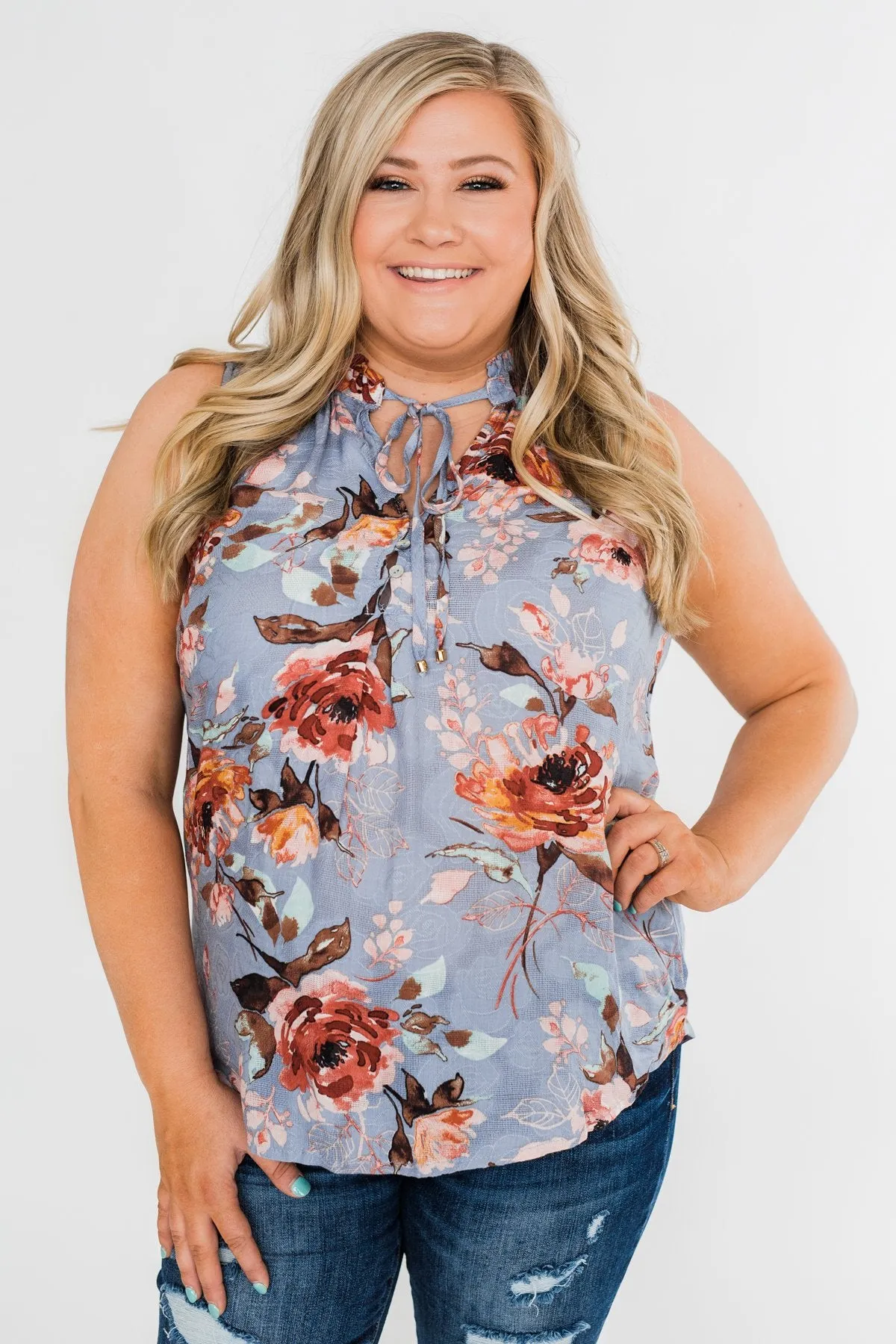 I'll Be There Floral Neck Tie Tank Top- Light Steel Blue