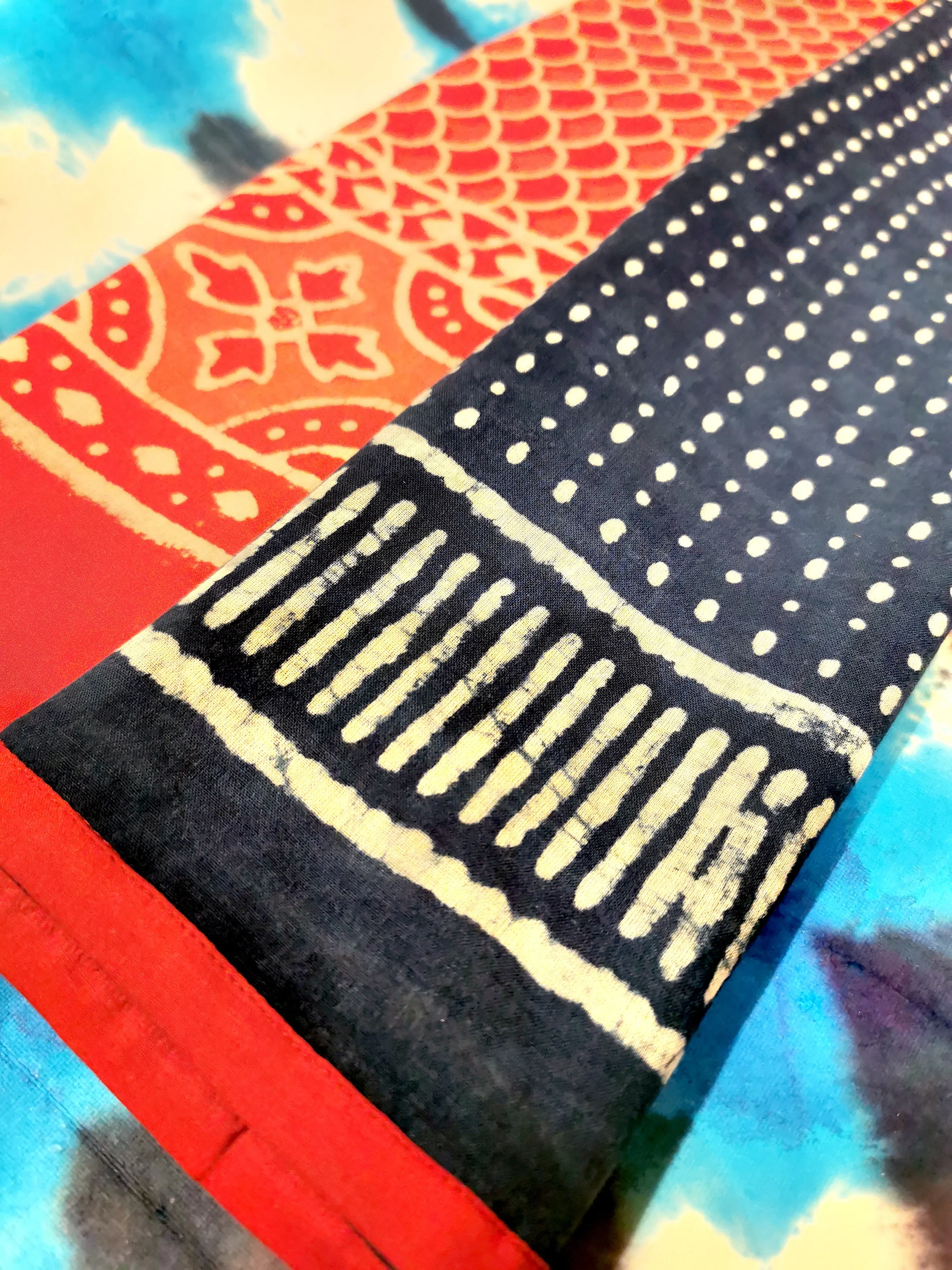 Indigo and red blockprint scarves