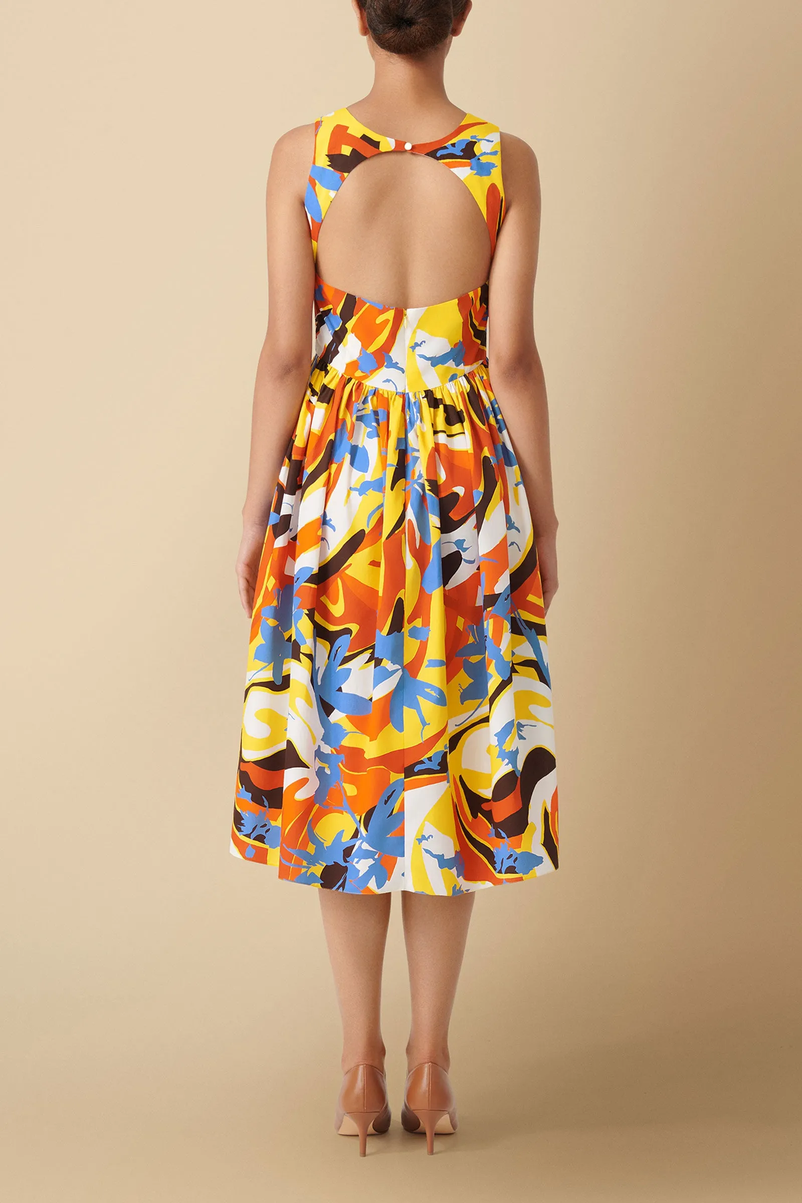 Kerubo Geo-Floral Print Open-Back Midi Dress in Yellow