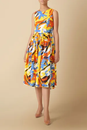 Kerubo Geo-Floral Print Open-Back Midi Dress in Yellow