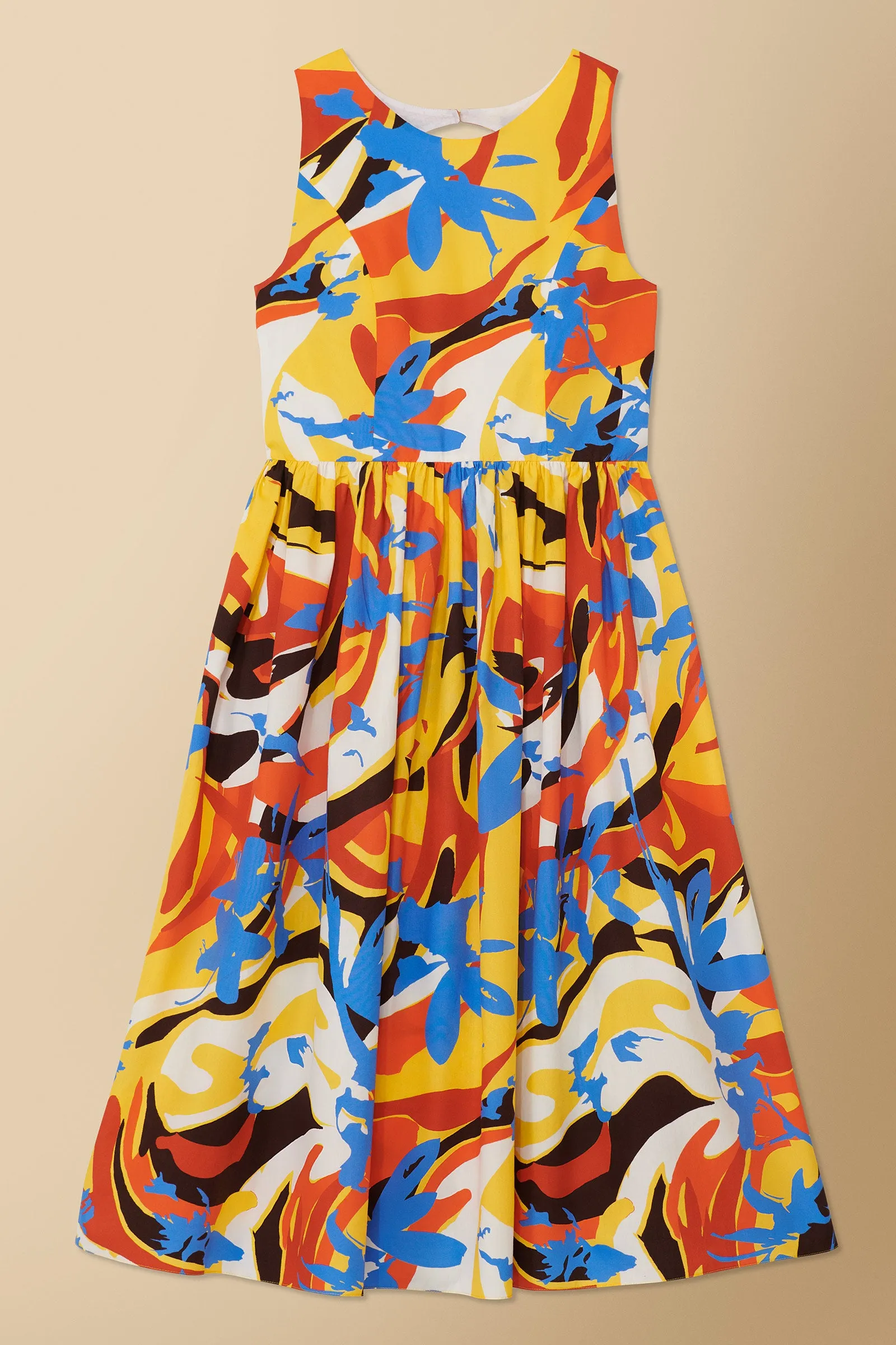 Kerubo Geo-Floral Print Open-Back Midi Dress in Yellow