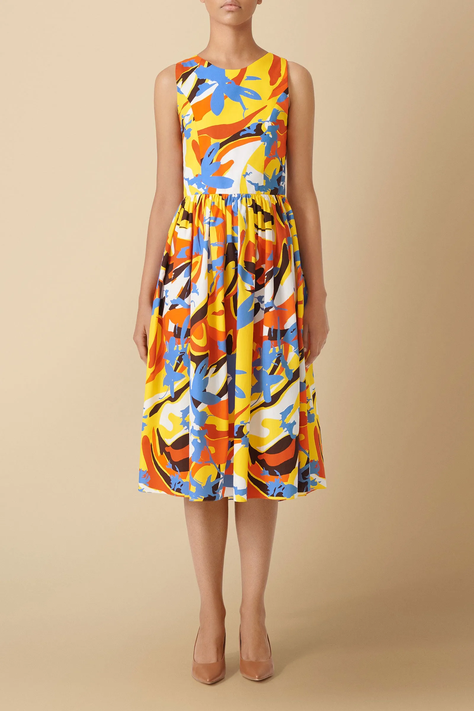 Kerubo Geo-Floral Print Open-Back Midi Dress in Yellow