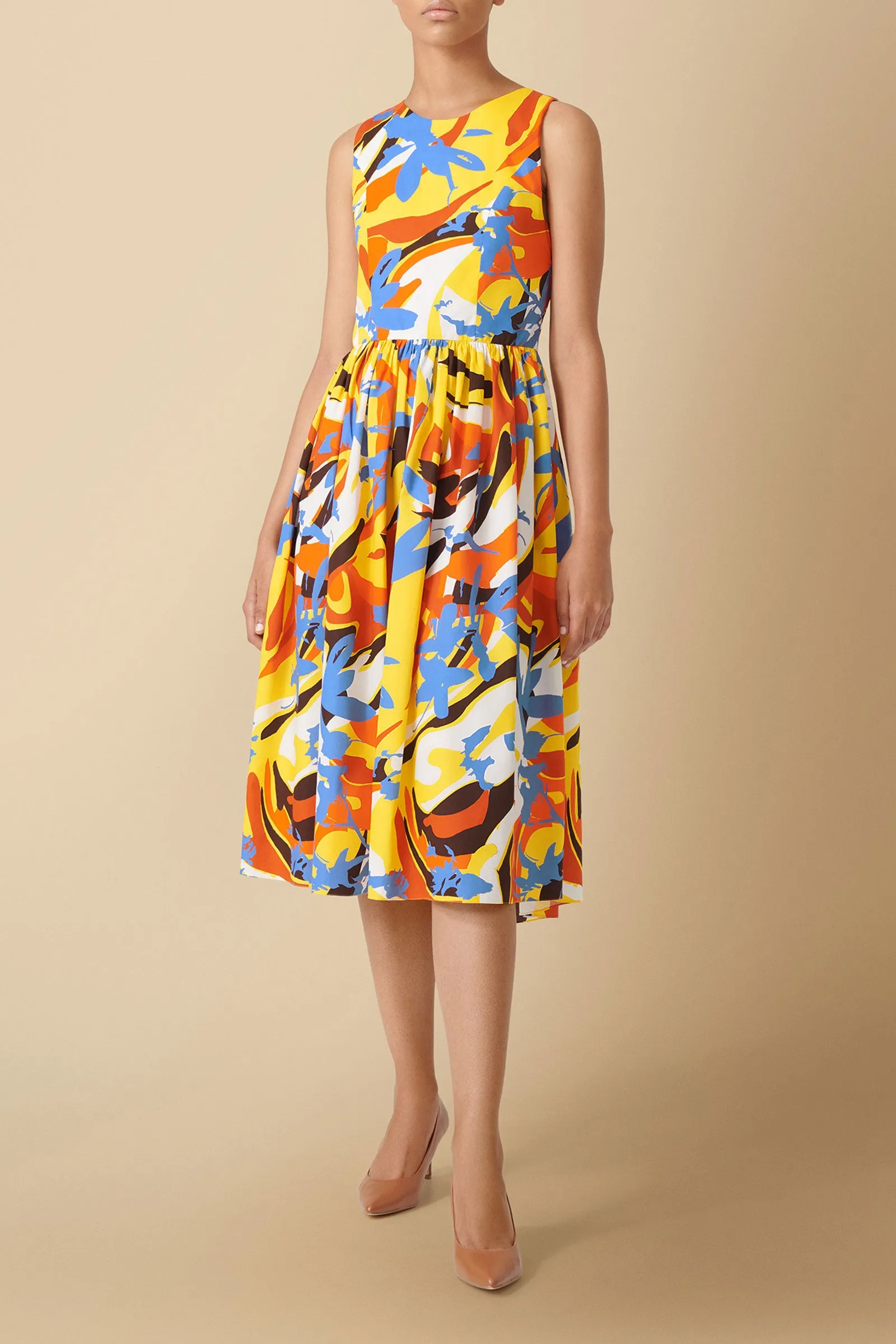 Kerubo Geo-Floral Print Open-Back Midi Dress in Yellow