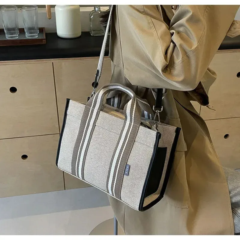 Large-capacity Canvas Bag Female 2024 New Contrast Retro Portable Tote Bag Commuting One-shoulder Messenger Bag in Class