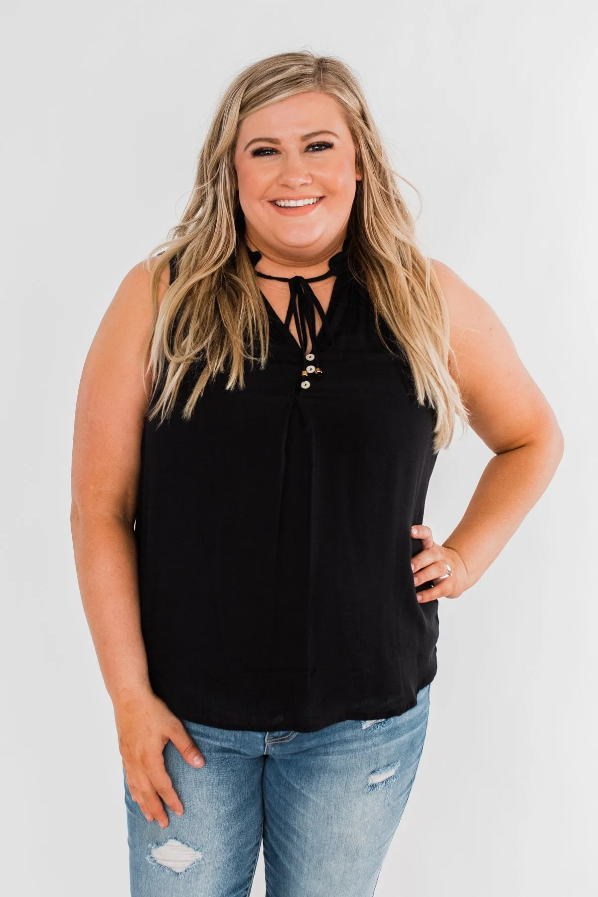Larger Than Life Neck Tie Tank Top- Black