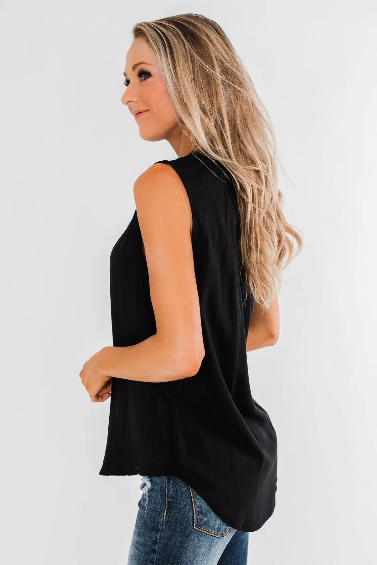 Larger Than Life Neck Tie Tank Top- Black