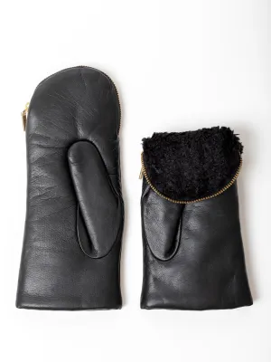 Leather and Shearling Mittens with Zipper Top