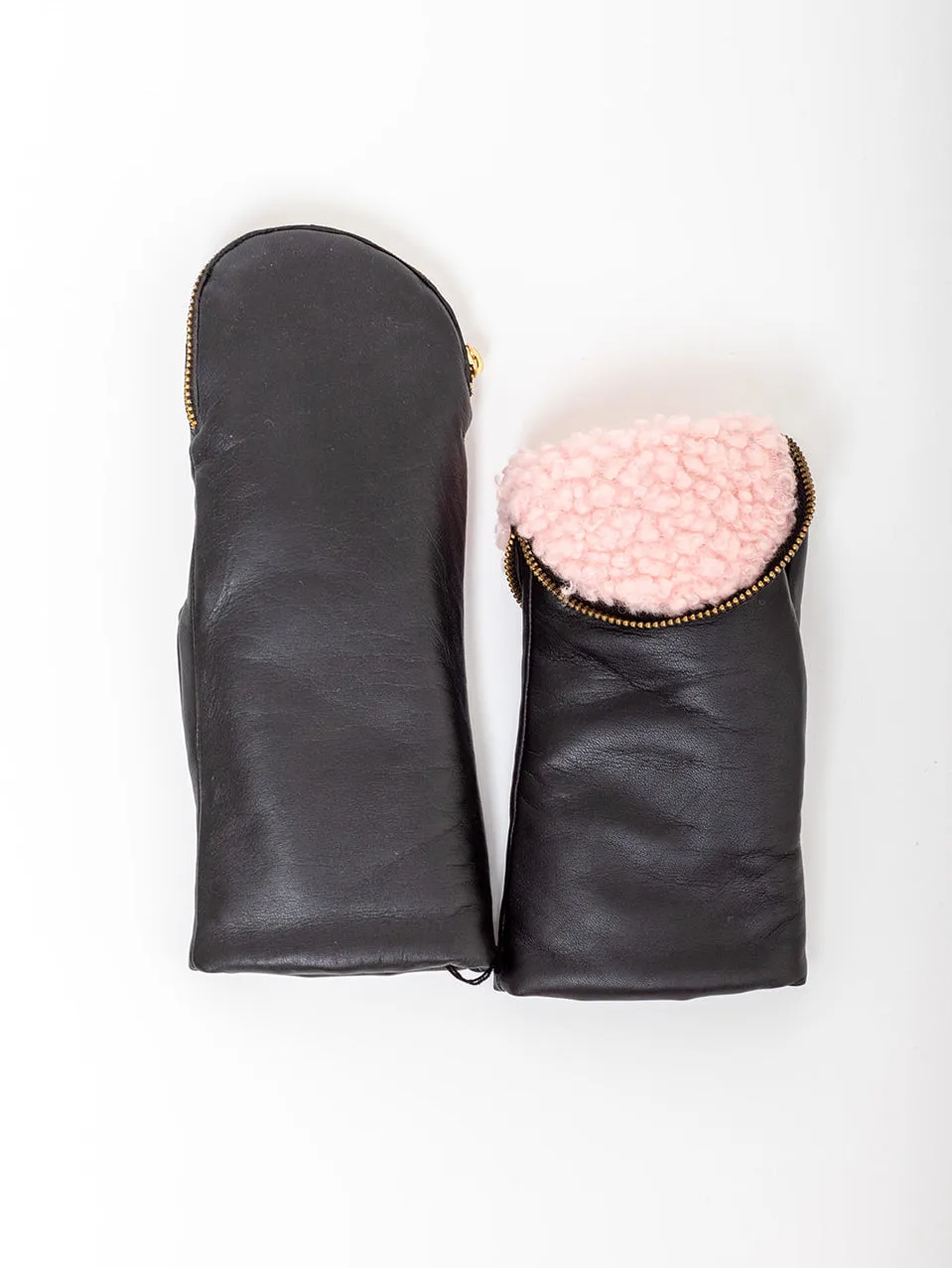 Leather and Shearling Mittens with Zipper Top