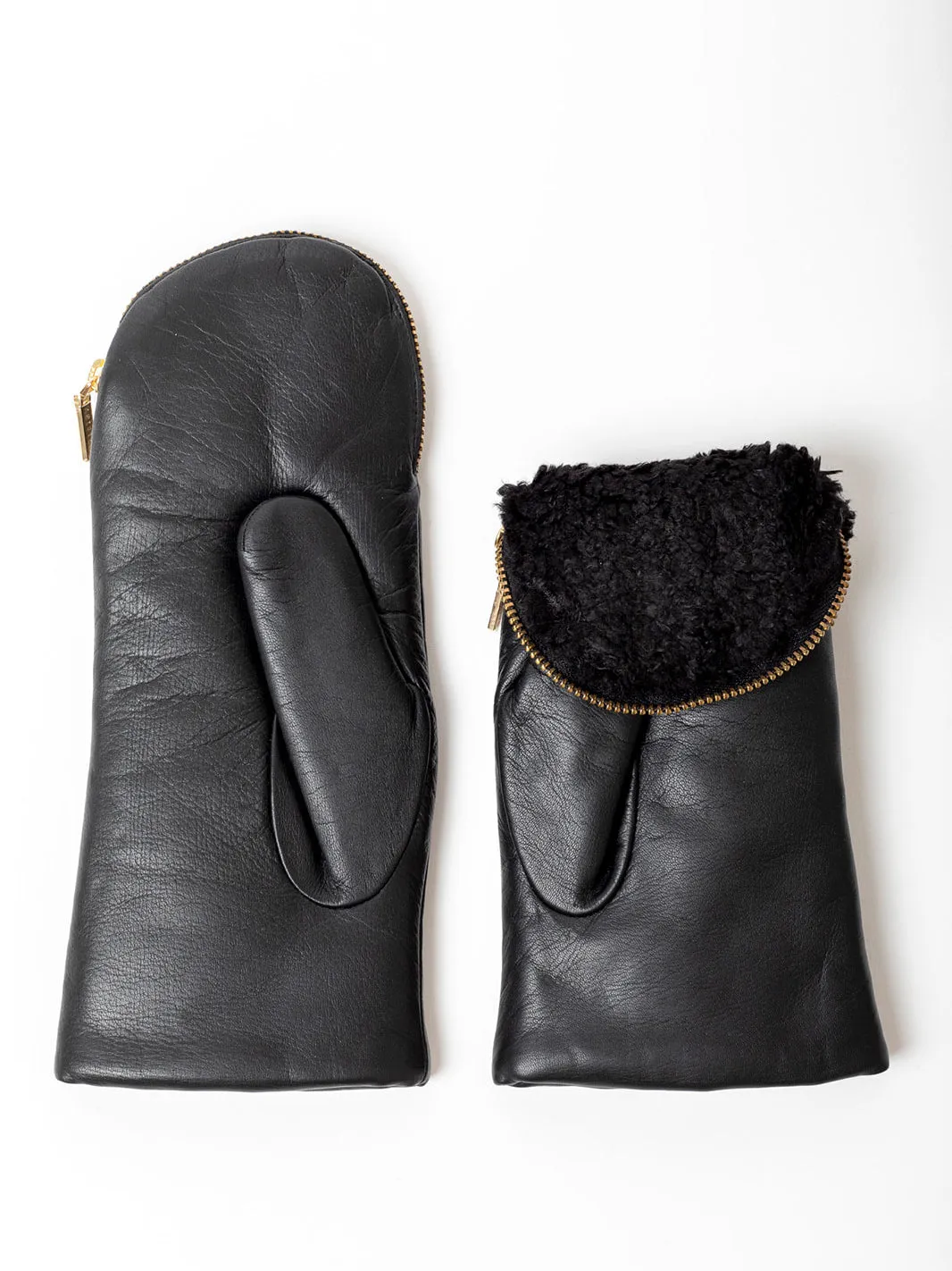 Leather and Shearling Mittens with Zipper Top