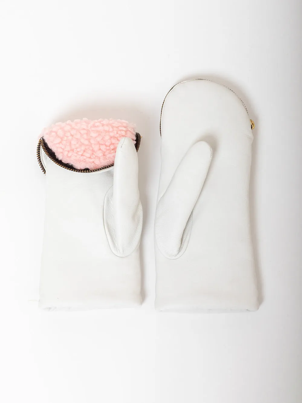Leather and Shearling Mittens with Zipper Top