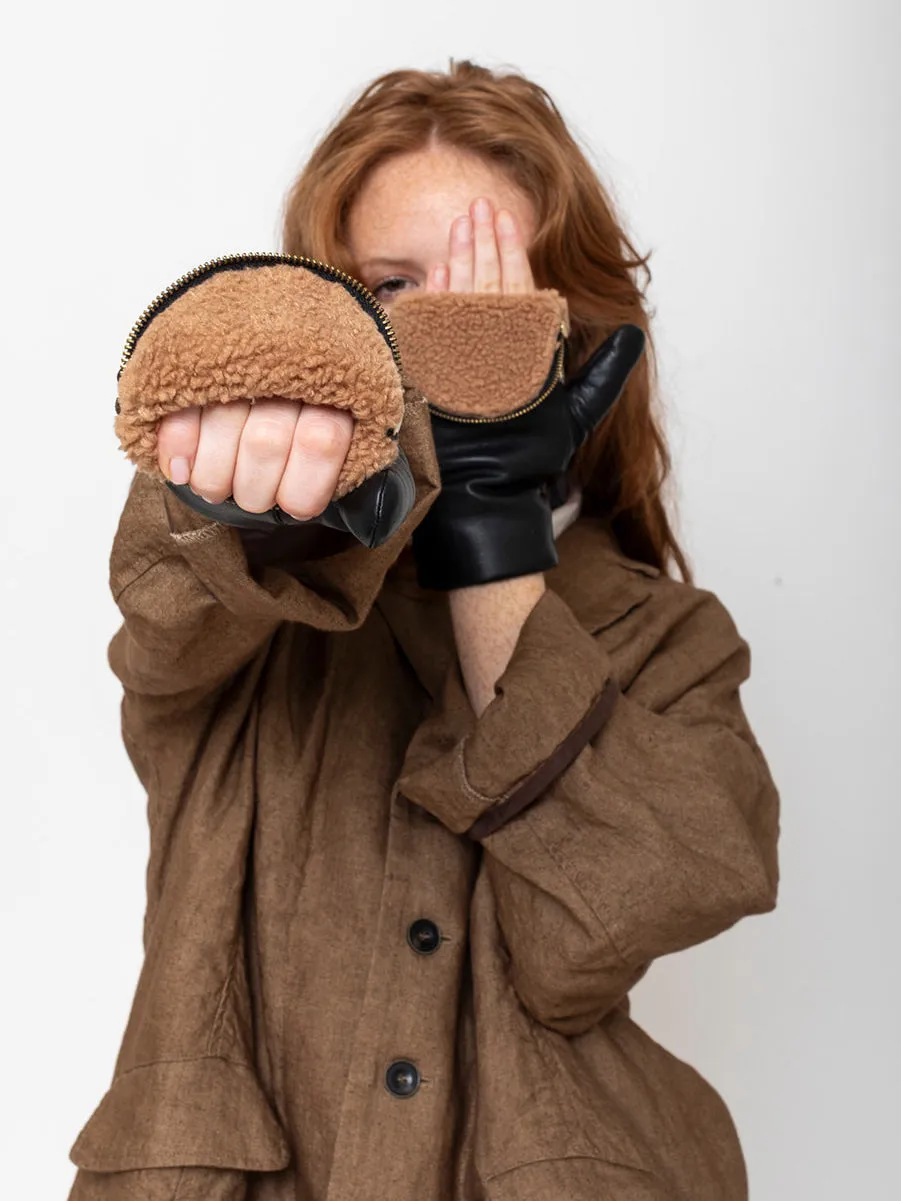 Leather and Shearling Mittens with Zipper Top