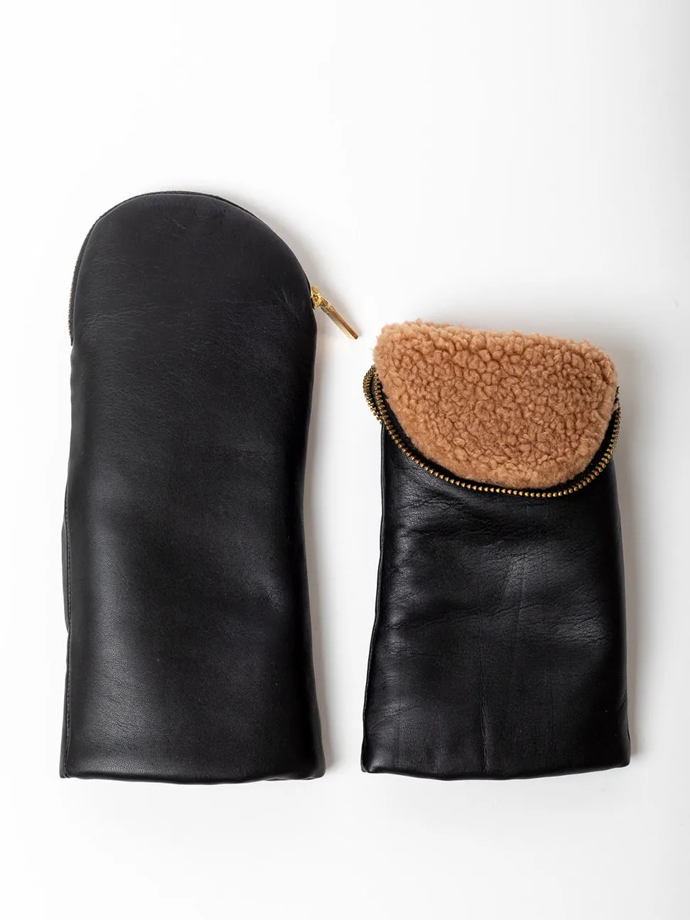 Leather and Shearling Mittens with Zipper Top