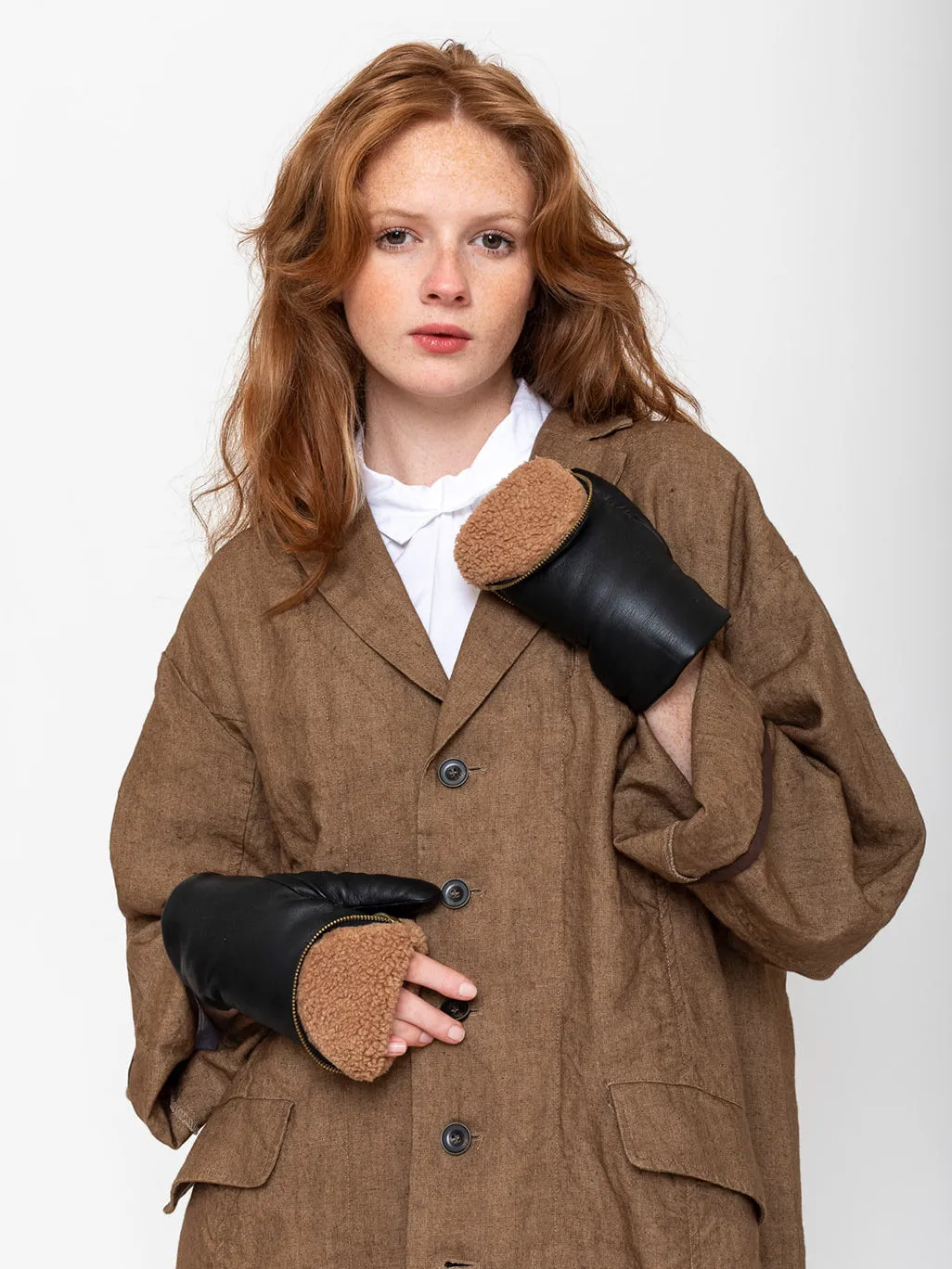 Leather and Shearling Mittens with Zipper Top