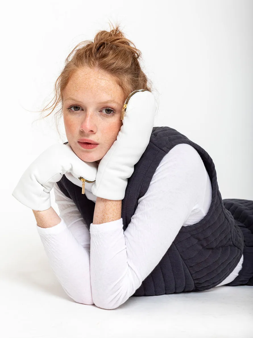 Leather and Shearling Mittens with Zipper Top