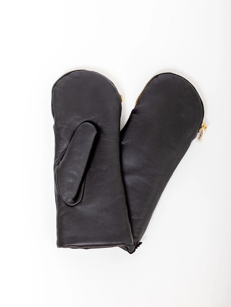 Leather and Shearling Mittens with Zipper Top