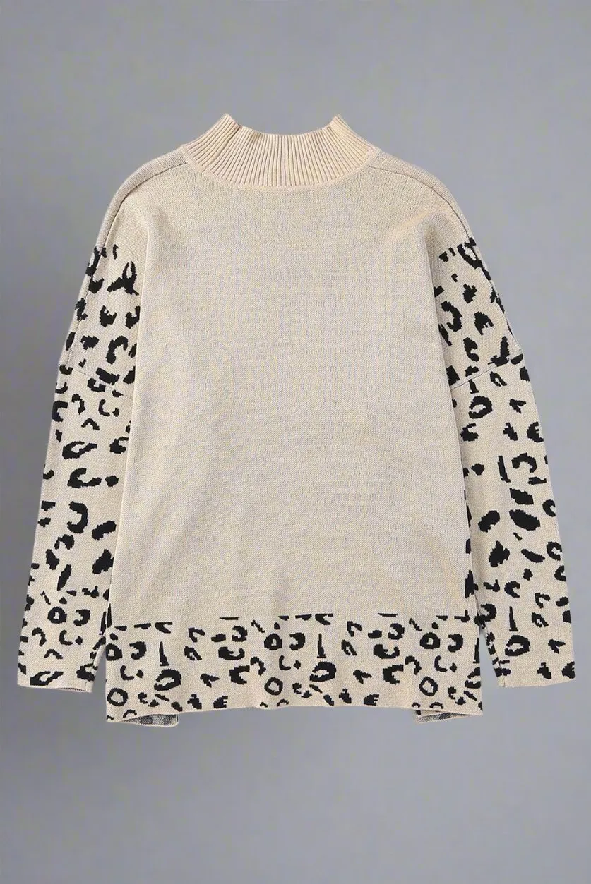 Leopard Accented High Neck Side Slit Oversized Relaxed Sweater