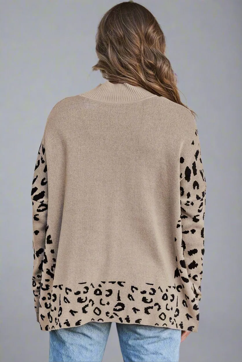 Leopard Accented High Neck Side Slit Oversized Relaxed Sweater