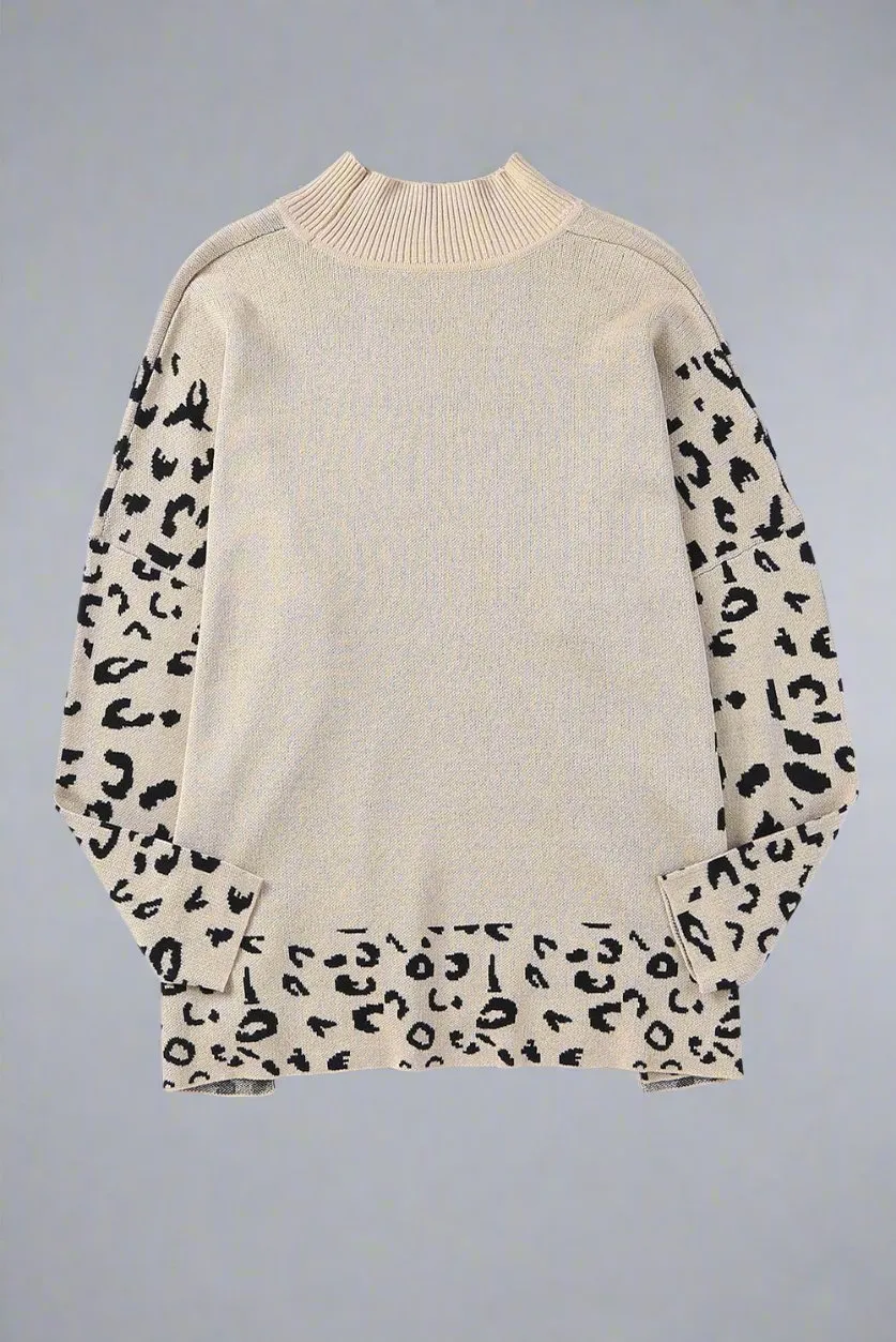 Leopard Accented High Neck Side Slit Oversized Relaxed Sweater
