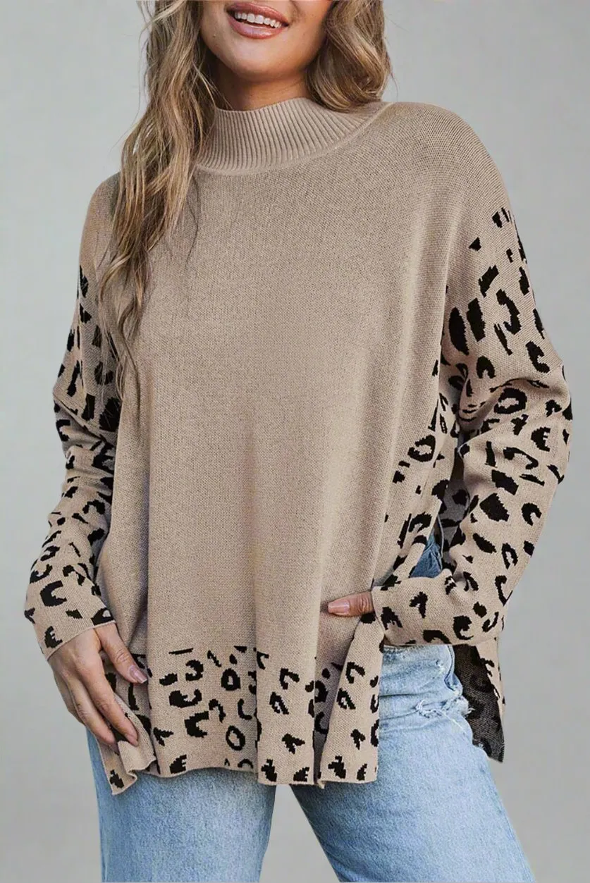 Leopard Accented High Neck Side Slit Oversized Relaxed Sweater