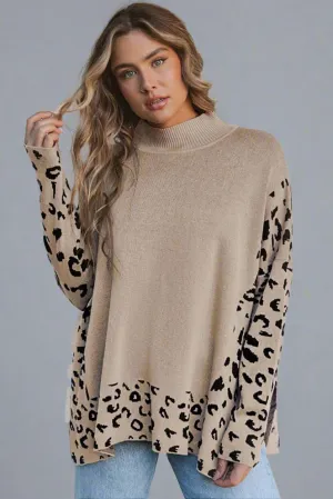 Leopard Accented High Neck Side Slit Oversized Relaxed Sweater