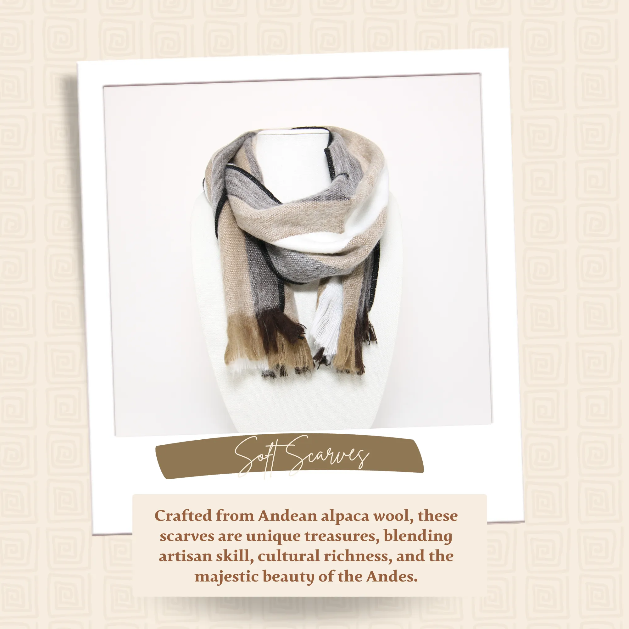 Light Brown, Black and White Alpaca Traditional Scarf