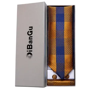 Luxury Gold Plaid 100% Silk Men Vintage Ascot Tie Hanky Cufflinks 3Pcs Set