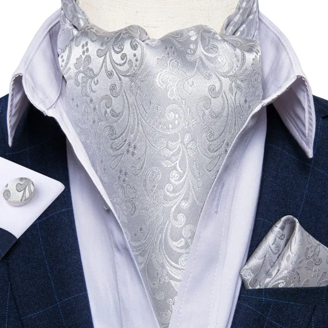 Luxury Gold Plaid 100% Silk Men Vintage Ascot Tie Hanky Cufflinks 3Pcs Set