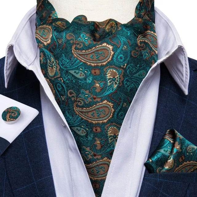 Luxury Gold Plaid 100% Silk Men Vintage Ascot Tie Hanky Cufflinks 3Pcs Set