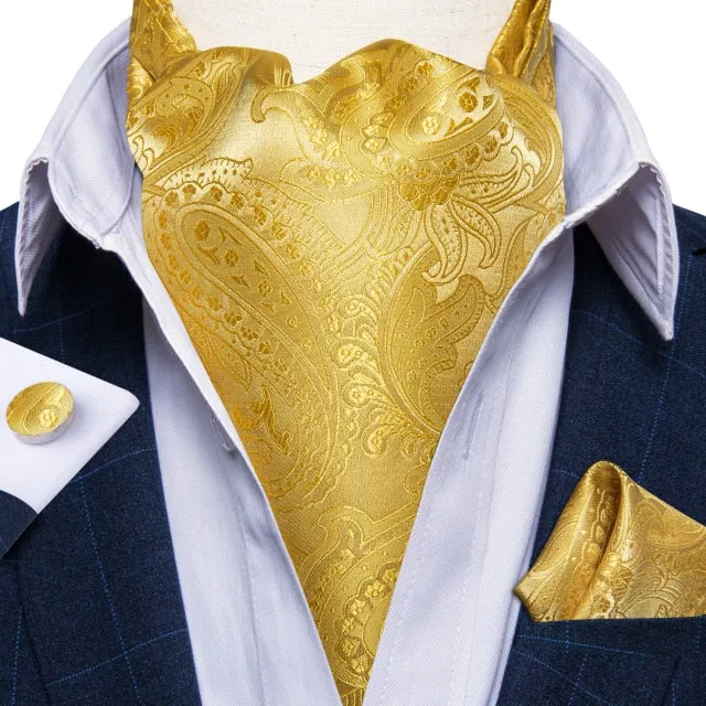 Luxury Gold Plaid 100% Silk Men Vintage Ascot Tie Hanky Cufflinks 3Pcs Set