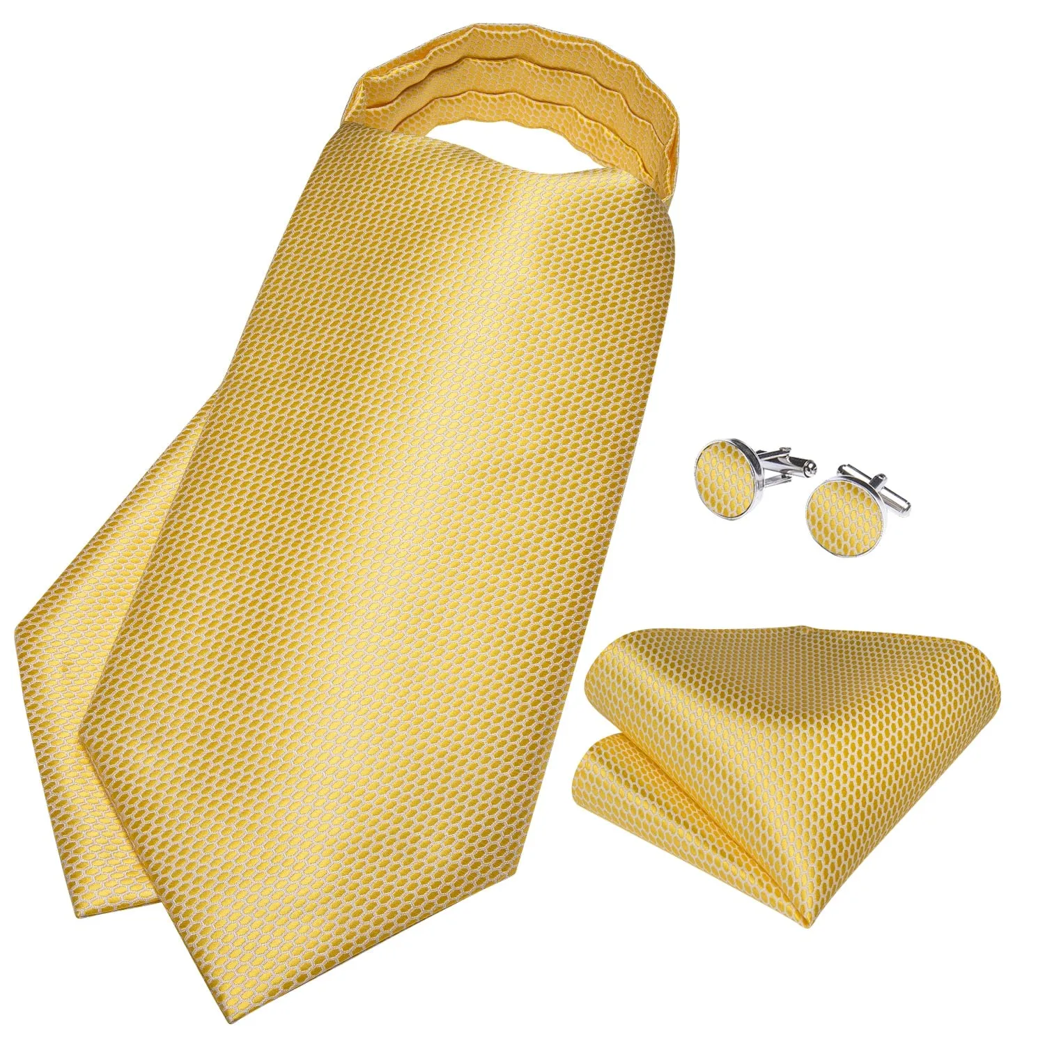 Luxury Gold Plaid 100% Silk Men Vintage Ascot Tie Hanky Cufflinks 3Pcs Set