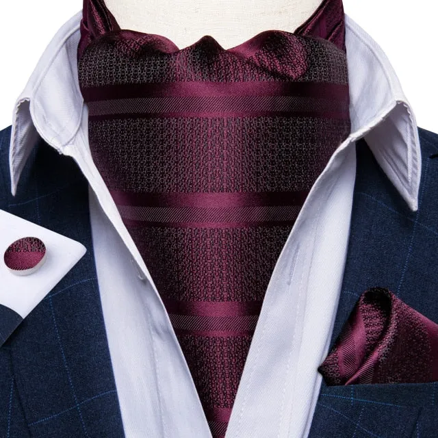 Luxury Gold Plaid 100% Silk Men Vintage Ascot Tie Hanky Cufflinks 3Pcs Set