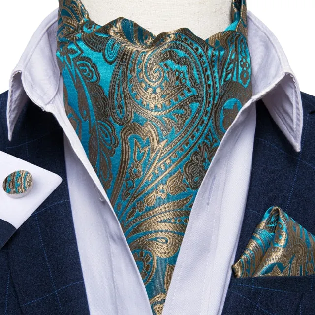 Luxury Gold Plaid 100% Silk Men Vintage Ascot Tie Hanky Cufflinks 3Pcs Set