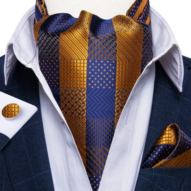 Luxury Gold Plaid 100% Silk Men Vintage Ascot Tie Hanky Cufflinks 3Pcs Set