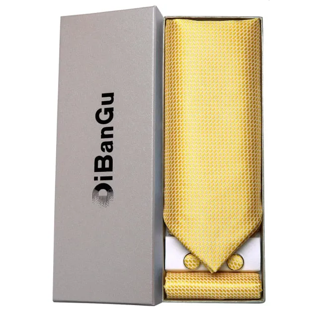 Luxury Gold Plaid 100% Silk Men Vintage Ascot Tie Hanky Cufflinks 3Pcs Set