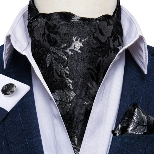 Luxury Gold Plaid 100% Silk Men Vintage Ascot Tie Hanky Cufflinks 3Pcs Set
