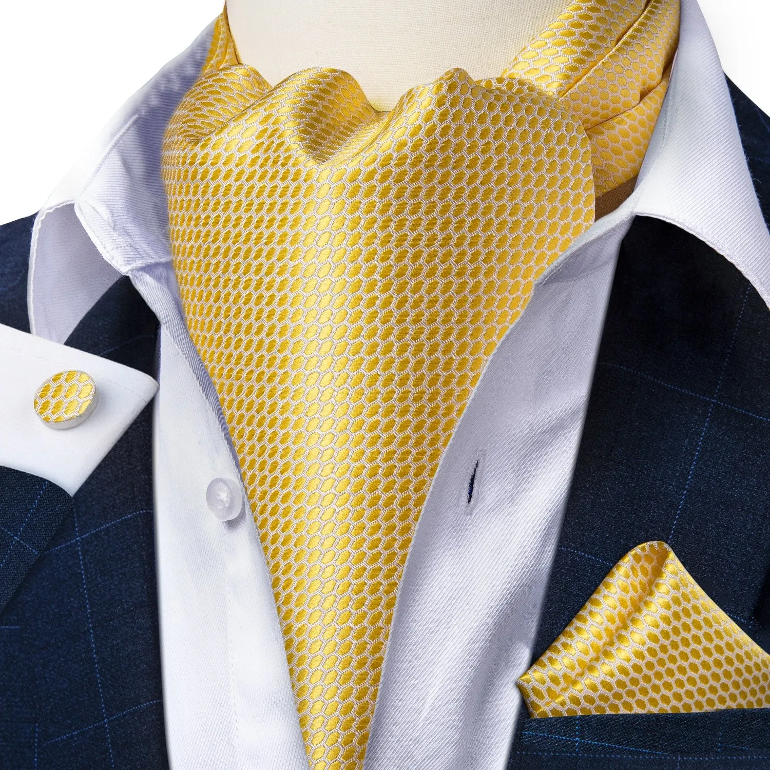 Luxury Gold Plaid 100% Silk Men Vintage Ascot Tie Hanky Cufflinks 3Pcs Set